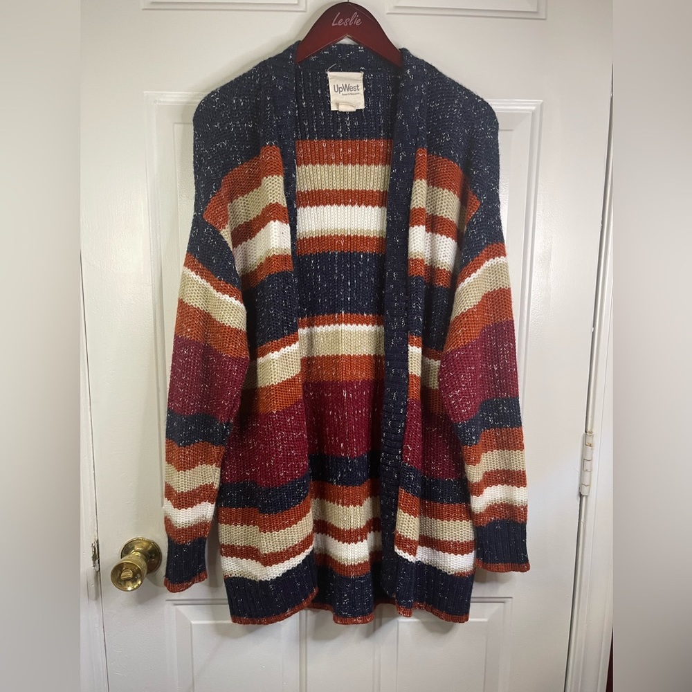 Upwest knitted multi color striped  open front sweater cardigan.